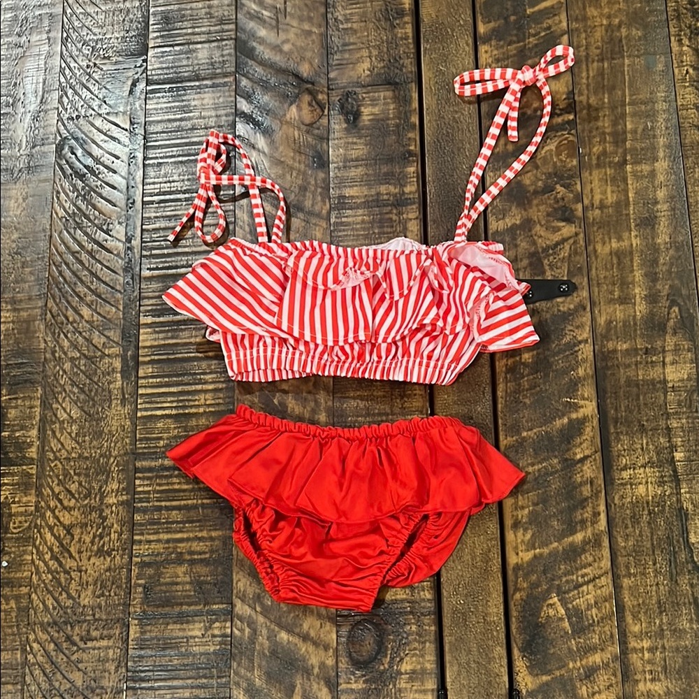3T/4T Ruffle Red Striped Bikini Set